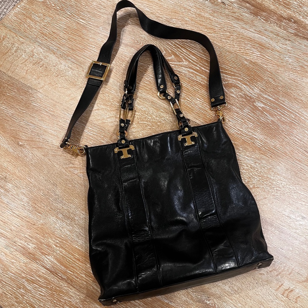 Tory Burch Black Leather Tote Bag with Gold Toned Hardware
